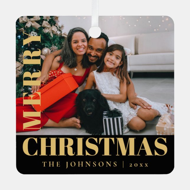 Modern Stylish Merry Christmas Family Photo Metal Tree Decoration (Front)