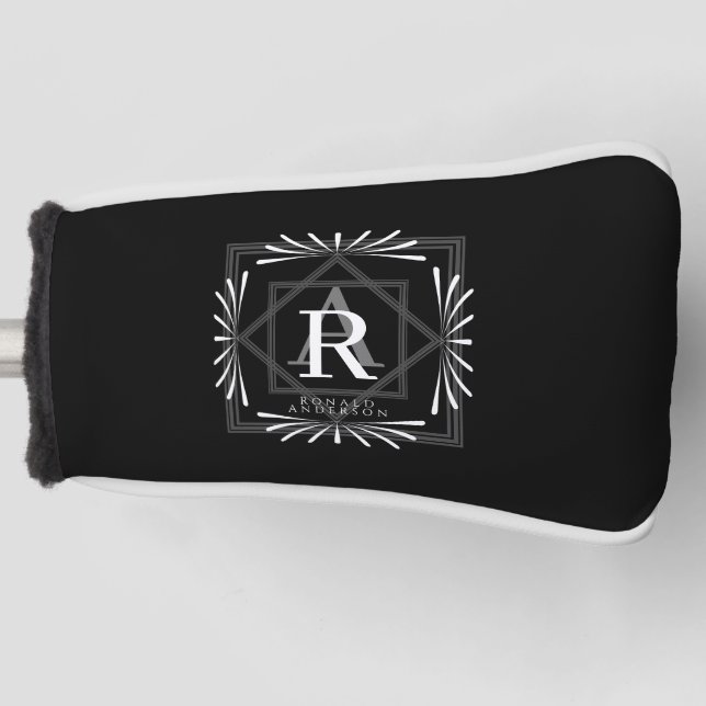 Modern Stylish Monogram Black  Golf Head Cover (Front)