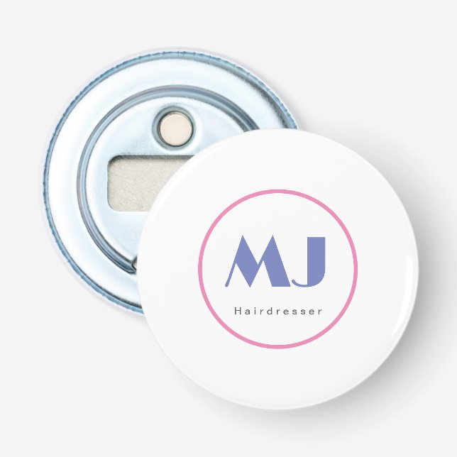 Modern Stylish Monogram Blue White Hairdresser Bottle Opener (Front)