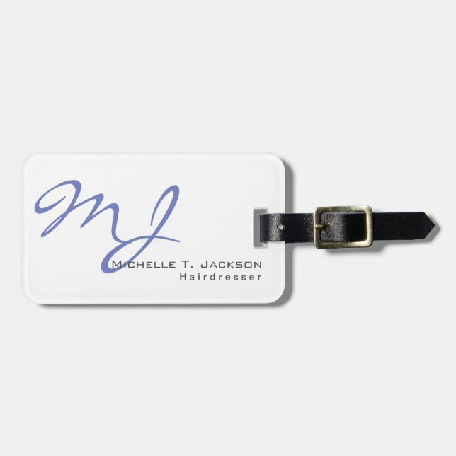 Modern Stylish Monogram Blue White Hairdresser Luggage Tag (Front Horizontal)
