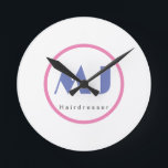 Modern Stylish Monogram Blue White Hairdresser Round Clock<br><div class="desc">To gain trust in the business world,  you need a design that will truly represent you. This simple,  modern,  minimalist design will help you a lot.</div>
