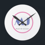 Modern Stylish Monogram Blue White Hairdresser Round Clock<br><div class="desc">To gain trust in the business world,  you need a design that will truly represent you. This simple,  modern,  minimalist design will help you a lot.</div>