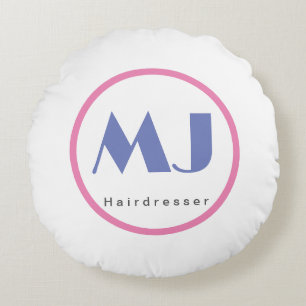 Modern Stylish Monogram Blue White Hairdresser Round Cushion