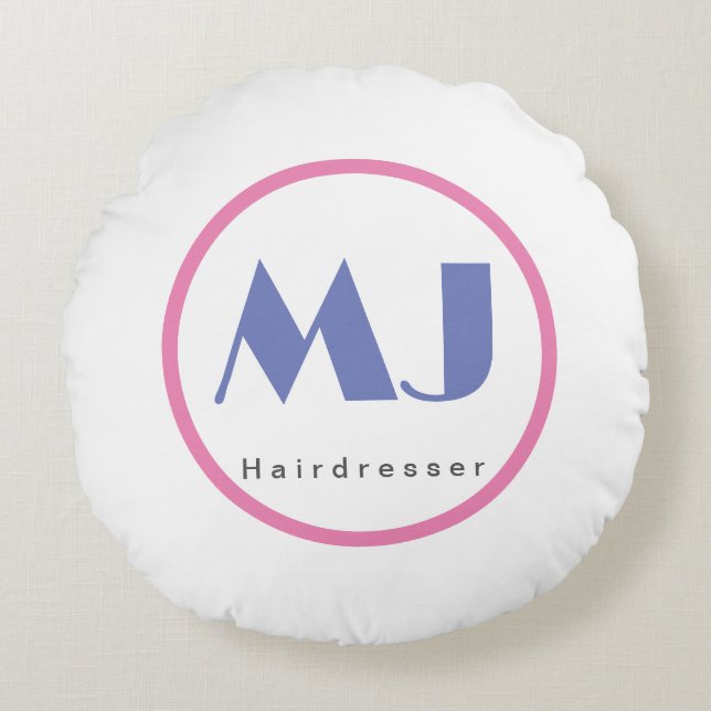 Modern Stylish Monogram Blue White Hairdresser Round Cushion (Front)
