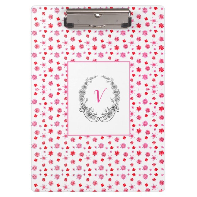 Modern Stylish Monogram Girly Patterns Red Clipboard (Front)