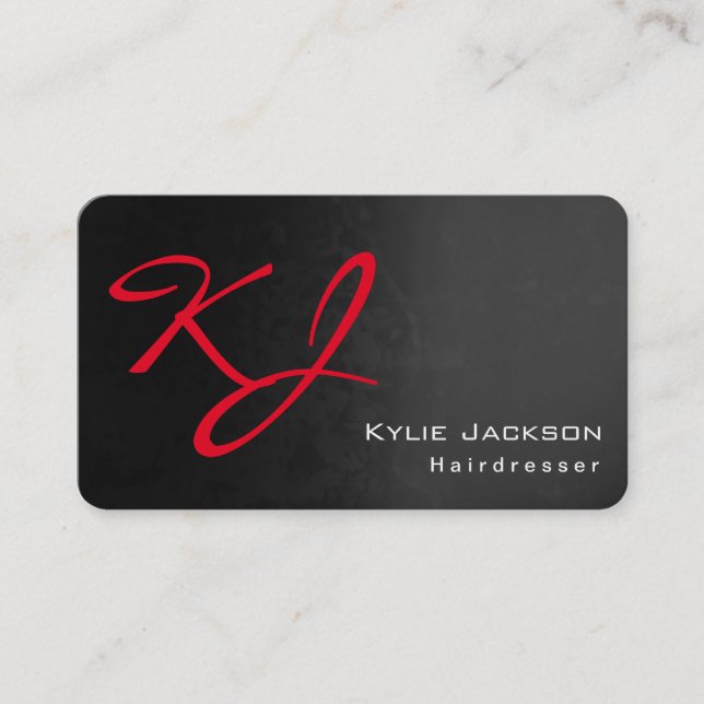 Modern Stylish Monogram Grey Red Hairdresser Business Card (Front)