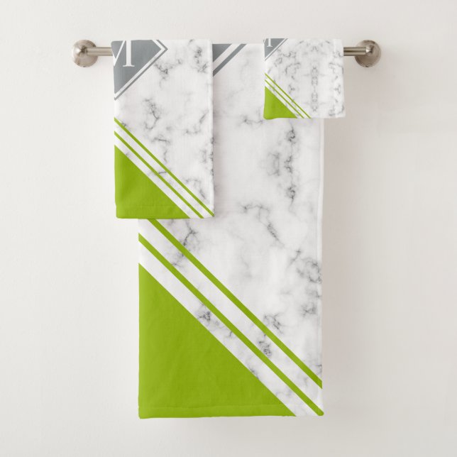 Modern stylish monogram lime green grey marble bath towel set (Insitu)