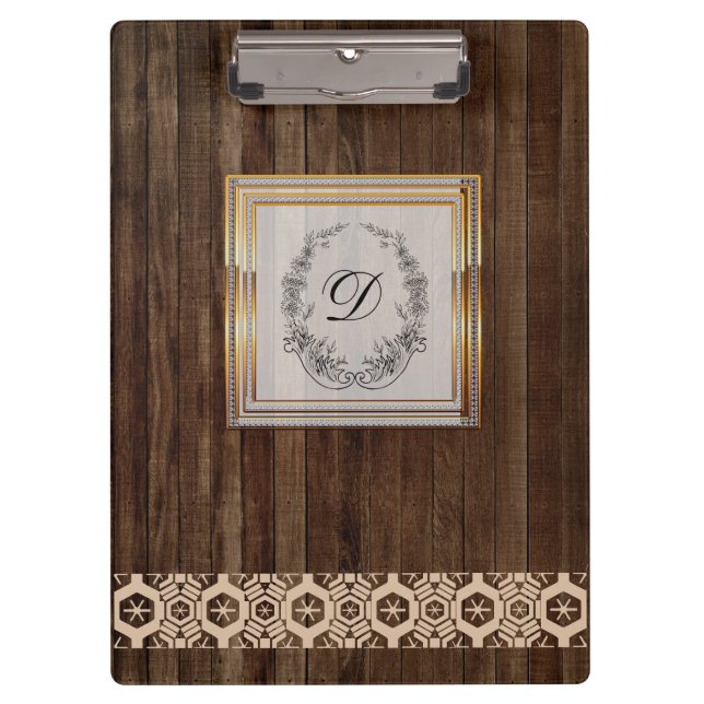 Modern Stylish Monogram  Pattern Vintage Wood Clipboard (Front)