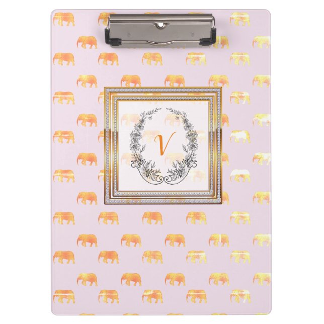 Modern Stylish Monogram Patterns Elephants Gold Clipboard (Front)