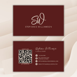 Modern Stylish Monogram QR Code Minimal Brick Red Business Card