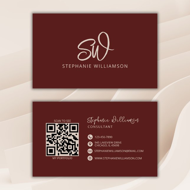 Modern Stylish Monogram QR Code Minimal Brick Red Business Card (Creator Uploaded)