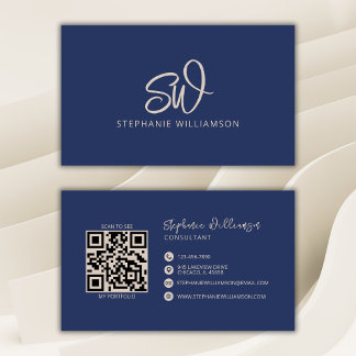 Modern Stylish Monogram QR Code Minimal Navy Business Card