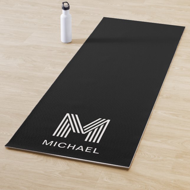 Modern Stylish Monogram Simple Sleek Black Yoga Mat (In Situ)