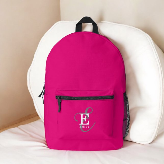 Modern Stylish Monogram Typography Hot Pink Printed Backpack (Personalize with your name and monogram initial.)