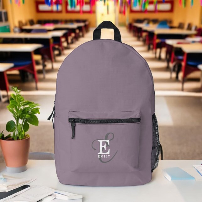 Modern Stylish Monogram Typography Purple Printed Backpack (Personalize with your name and monogram initial.)