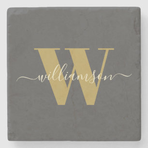 Modern Stylish Monogrammed Name Black Gold  Stone Coaster