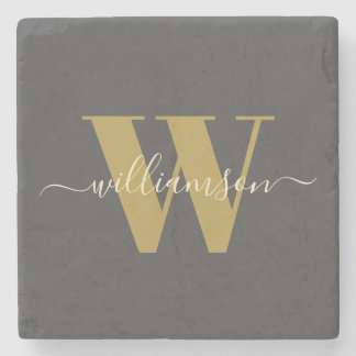 Modern Stylish Monogrammed Name Black Gold Stone Coaster