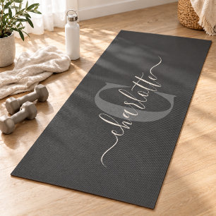 Modern Stylish Monogrammed Name Black Grey Yoga Mat