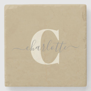 Modern Stylish Monogrammed Name Gold Tan Stone Coaster