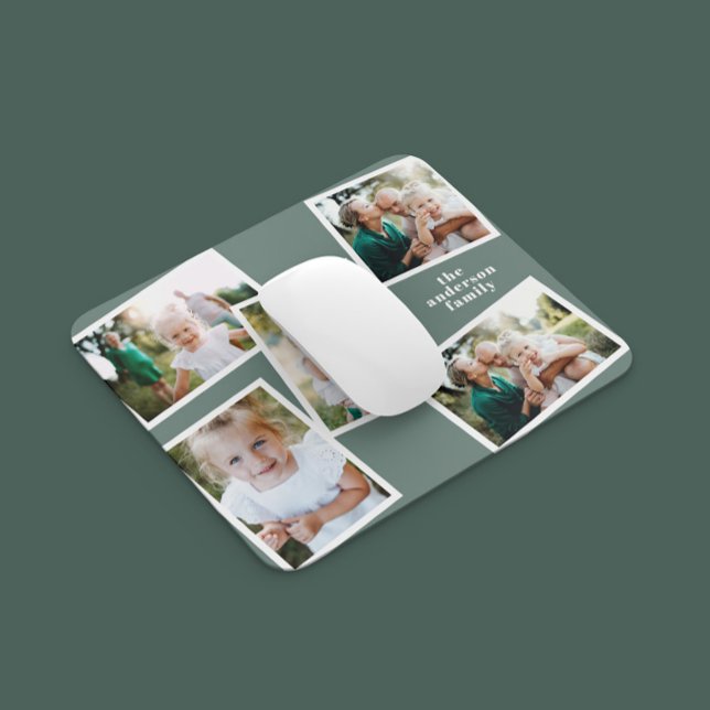 Modern stylish multi photo family sage green gift mouse pad (Creator Uploaded)