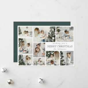 Modern Stylish Multi Photo Grid Dark Forest Green Holiday Card