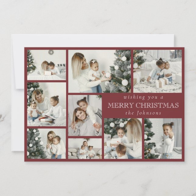 Modern Stylish Multi Photo Grid Red Holiday Card (Front)