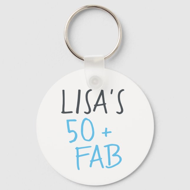 Modern Stylish Name Blue 50 Fabulous Birthday Key Ring (Front)