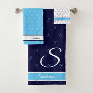  Modern Stylish Navy Blue and White Monogram Bath  Towel Set