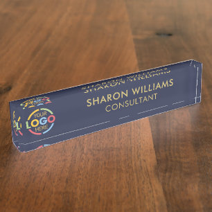 Modern Stylish Navy Blue Gold Business Logo Office Nameplate