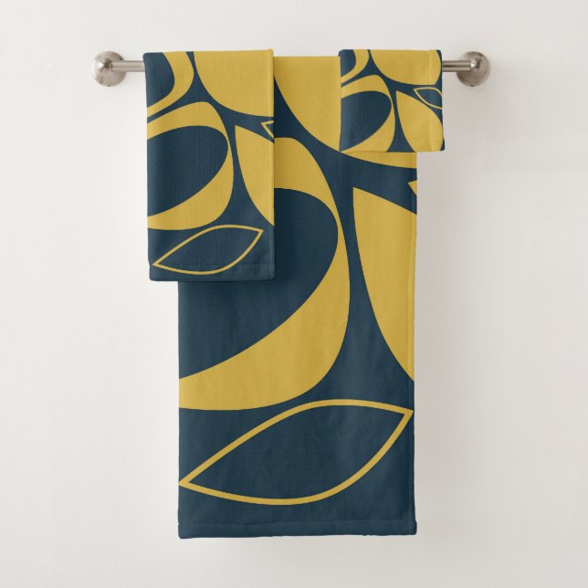 Modern Stylish Navy Blue Mustard Abstract Pattern Bath Towel Set (Insitu)