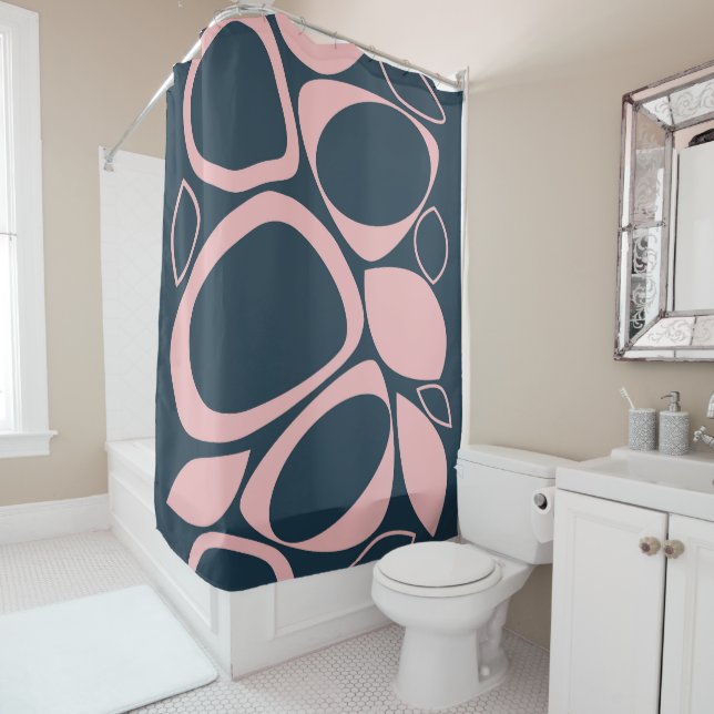Modern Stylish Navy Soft Pink Abstract Pattern Shower Curtain (In Situ)