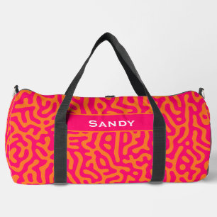 Modern stylish orange fuchsia monogram name duffle bag