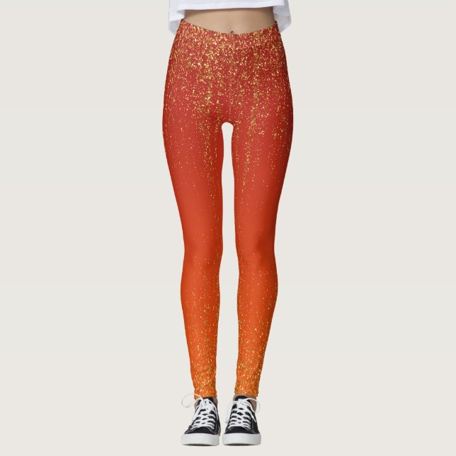Modern stylish Orange Yellow Glitter  Leggings (Front)
