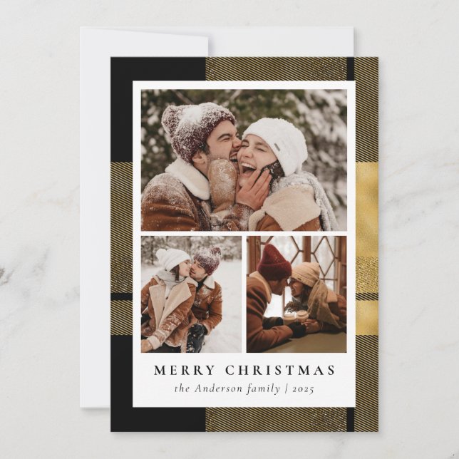Modern Stylish Photo Collage Black Gold Christmas Holiday Card (Front)