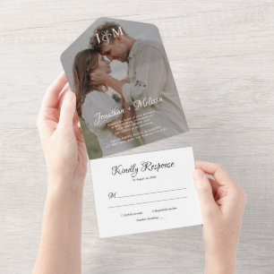 Modern Stylish Photo Monogram Script Wedding All In One Invitation