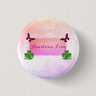 Modern Stylish, Pink Buterfly, Green Clover  3 Cm Round Badge
