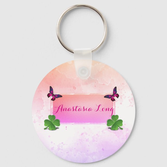 Modern Stylish, Pink Buterfly, Green Clover Key Ring (Front)