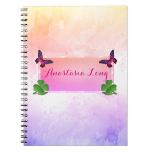 Modern Stylish, Pink Buterfly, Green Clover Notebook
