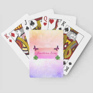 Modern Stylish, Pink Buterfly, Green Clover Playing Cards