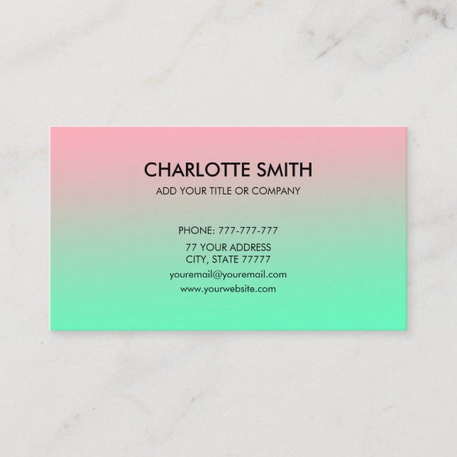 Modern Stylish Pink & Green Gradient Customisable  Business Card (Front)