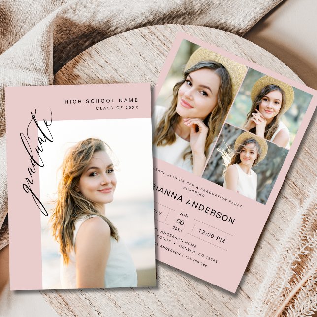 Modern Stylish Pink Photo Graduation Party Invitation (Creator Uploaded)