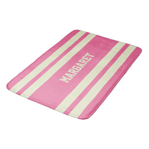 Modern stylish pink white monogram name bath mat