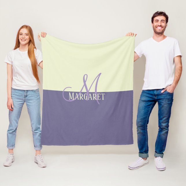 Modern stylish purple white personalised name  fleece blanket (In Situ)