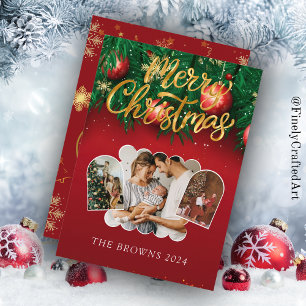 Modern Stylish Red Gold Christmas Family Photo Holiday Card