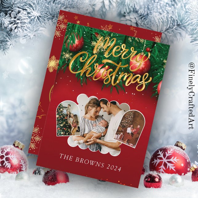Modern Stylish Red Gold Christmas Family Photo Holiday Card (Creator Uploaded)