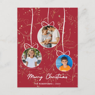 Modern Stylish Red Gold Christmas Family Photo Holiday Postcard