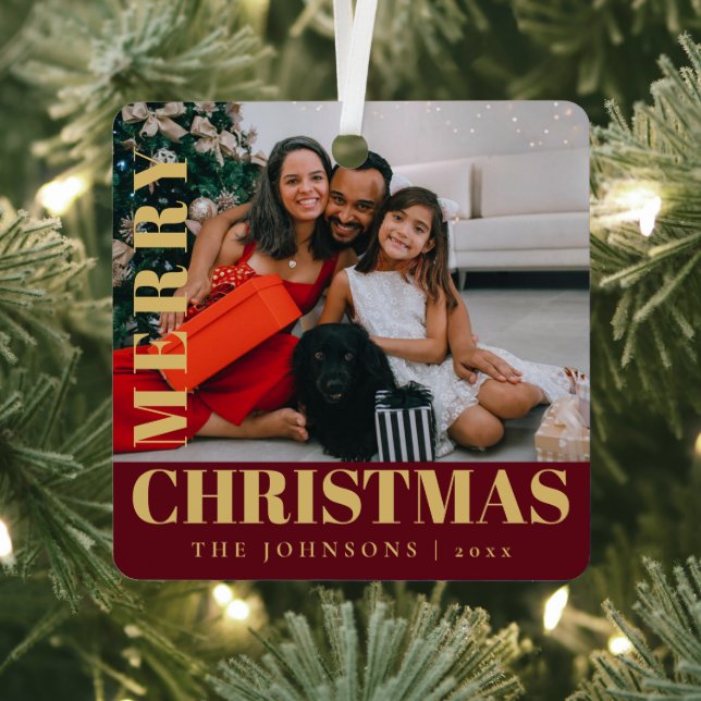 Modern Stylish Red  Merry Christmas Family Photo Metal Tree Decoration (Insitu)