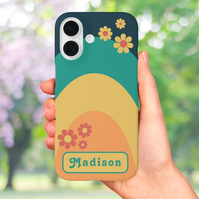 Modern Stylish Retro 70s Groovy Personalised Case-Mate iPhone Case (Retro 70s vintage arch groovy daisy and typography add name blue teal yellow orange iPhone 16 case)
