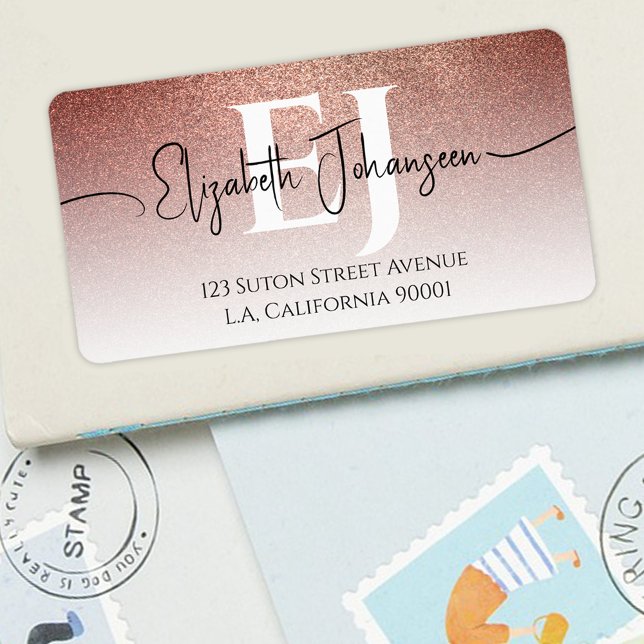 Modern Stylish Rose Gold Glitter Ombre Monogrammed Label (Creator Uploaded)