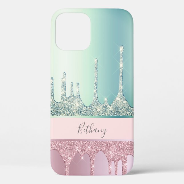 Modern stylish rose gold & mint glitter drips pink Case-Mate iPhone case (Back)